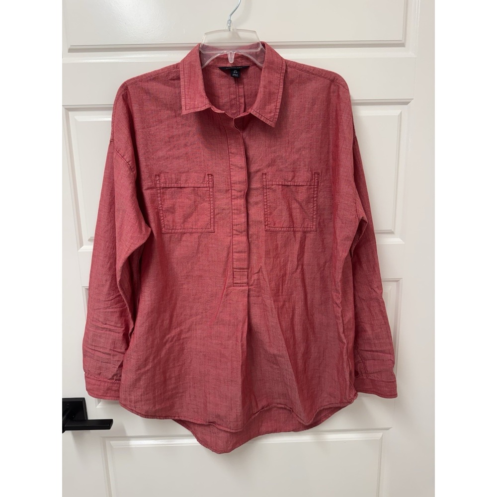 Lands End Womens Twill Blouse Top Red Long Sleeve Cotton Medium 10-12 A7